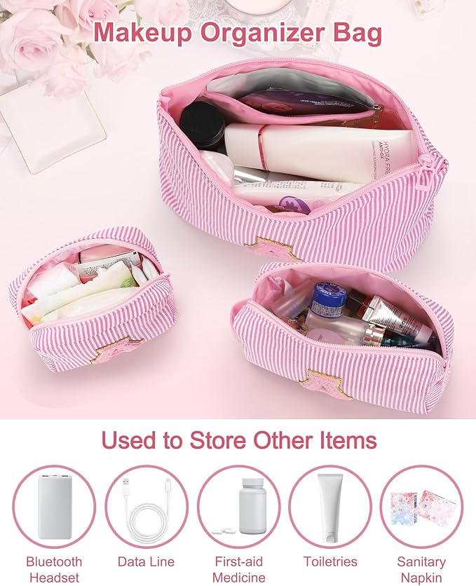MONSTINA Personalized Initial Makeup Bag for Women,Make Up Case for Girlfriend Bridesmaid Wife,Birthday Gift for Her Cute Toiletry Bag,3PCS,Pink G