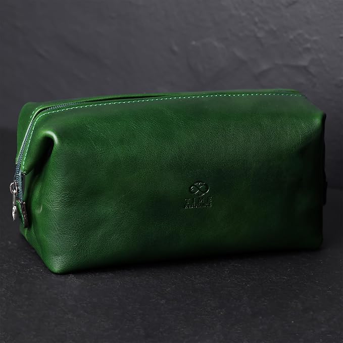 Time Resistance Leather Toiletry Bag Cosmetic Case Italian Classy Dopp Kit