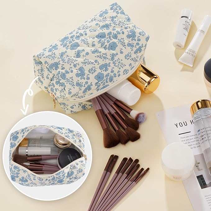 Makeup Bag Travel Toiletry Bag for Women, Small Cosmetic Bags Cute Quilted Cotton Makeup Pouch for Purse Emergency Bag for School Floral Pencil Case Accessory Bag, Blue