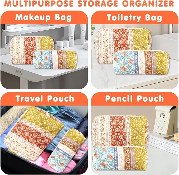 2Pcs Floral Makeup Bag for Women Cotton Quilted Coquette Cosmetic Bag Cute Zipper Mixed Flower Makeup Pouch Aesthetic Portable Pencil Pouch Travel Toiletry Bag Trendy Cloth Skincare Bag