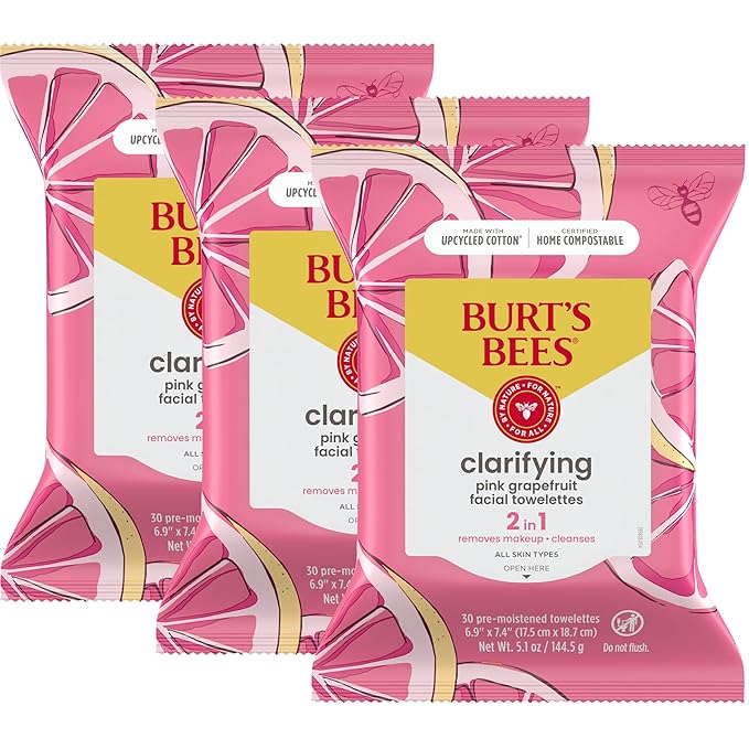 Burt's Bees Stocking Stuffers, Pink Grapefruit Face Wipes, for All Skin Types, Hydrating Makeup Remover & Facial Cleansing Towelettes, Skin Care Christmas Gifts, 30 Ct. (3-Pack)