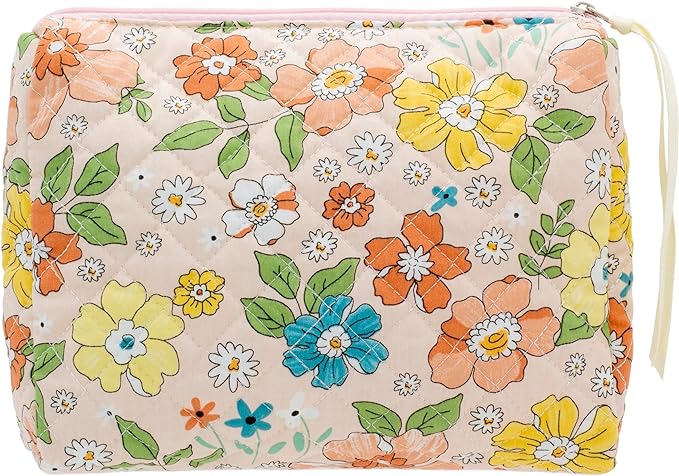 PAZIMIIK Quilted Makeup Bag Large Travel Zipper Soft Cosmetic Pouch for Women Girls Make Up,Floral Orange