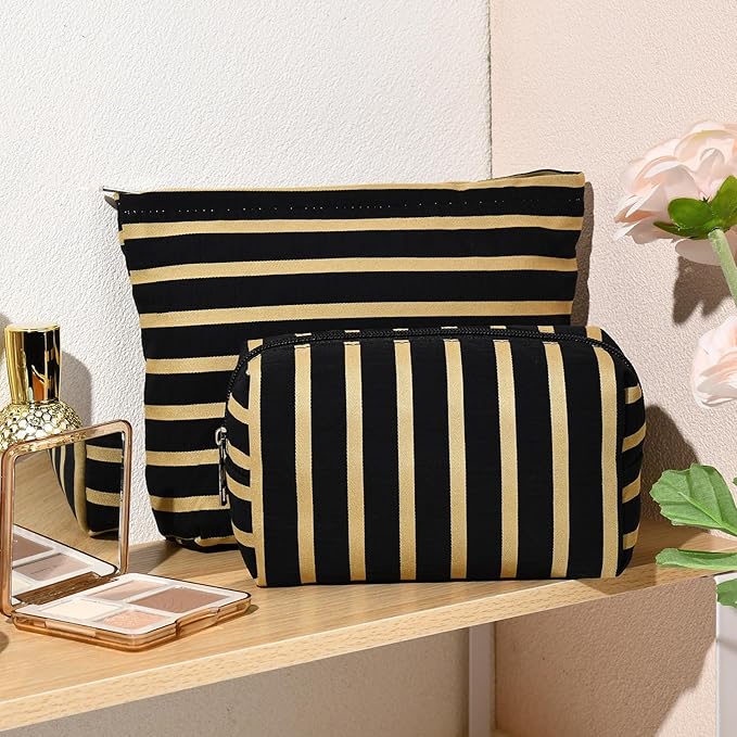 SOIDRAM 2 Pieces Makeup Bag Large Stripe Cosmetic Bag Capacity Canvas Mix Travel Toiletry Bag Organizer Cute Makeup Brushes Aesthetic Accessories Storage Bag for Women, Stripe Mix Black