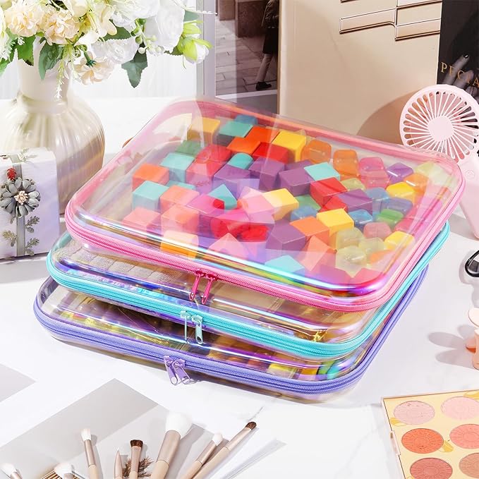 Hoolerry 3 Pcs Clear Hard Zipper Case Plastic Pouch Transparent Hard Case Clear Makeup Bag Portable Travel Organizer Bin for Cosmetics, Building Blocks, Puzzles(Laser,L)