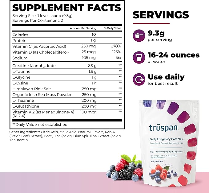 TruSpan Daily Longevity Complex Creatine Powder, with Essential Amino Acids, Sugar Free, Berry Fusion Flavor, 30 Servings