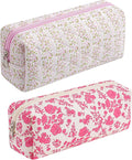 Cute Floral Cotton Makeup Brush Cosmetic Bag for Women, Travel Quilted Zipper Make Up Bag, Flowers Toiletry Organizer Case Kawaii Makeup Cosmetic Travel Cloth Pouch (Pink+Big Red Floral)