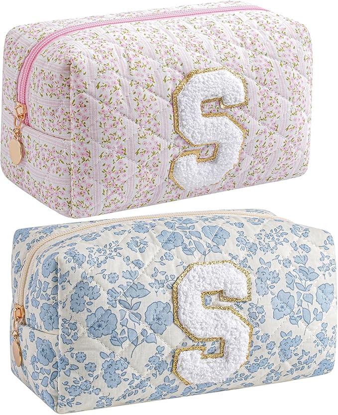 JOVAKIT Makeup Bag Cosmetic Bags for Women, Christmas Gifts for Girls Age 6-18, Alphabet Pink Floral Coquette Zipper Travel Makeup Pouch, Organizer Case Trendy Stuff (Pink+ Blue S)