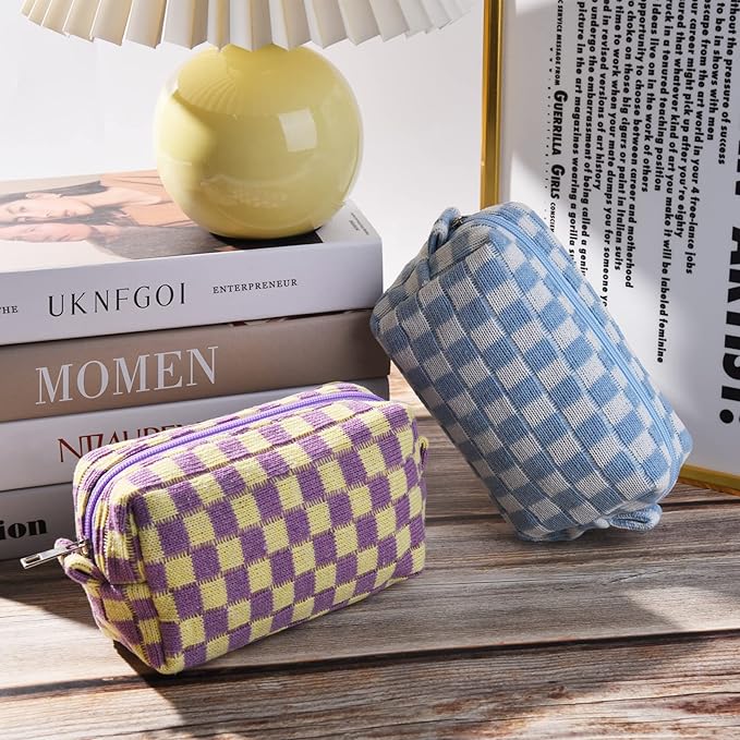 SOIDRAM 2 Pieces Makeup Bag Checkered Cosmetic Bag Purple Blue Makeup Pouch Travel Toiletry Bag Organizer Cute Makeup Brushes Storage Bag for Women