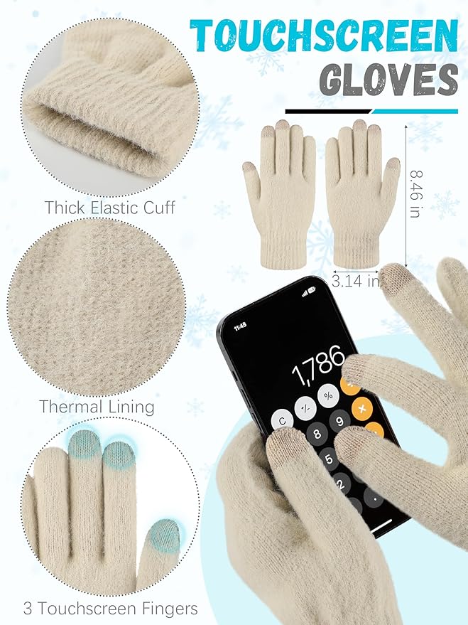 Winter Beanie Hat Scarf Gloves, Warm Fleece Knit Hat Long Scarf Neck Warmer Touch Screen Winter Gloves Set Gifts for Women