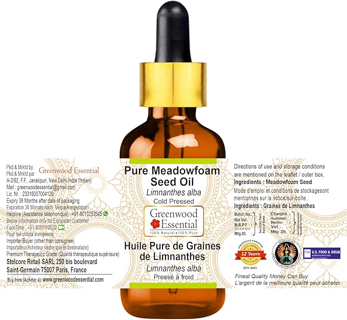 Greenwood Essential Pure Meadowfoam Seed Oil (Limnanthes alba) with Glass Dropper Cold Pressed 100ml (3.38 oz)