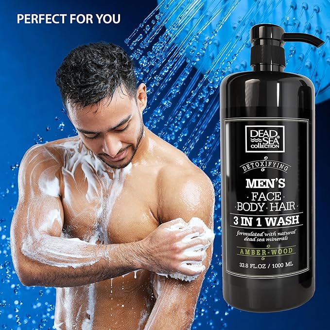 Dead Sea Collection Mens Body Wash 3 in 1 – Amber Wood Body Wash for Men – Shower Gel – Shampoo – Shower Soap for Face and Hair – Pack of 2 Bottles (33.8 Fl. Oz. Each)