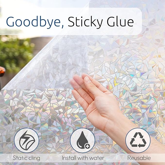 rabbitgoo Window Privacy Film Rainbow Film Decorative Window Sticker, 3D Static Stained Glass Cling Tint for Home Heat Control Non-Adhesive, 35.4 x 157.4 inches
