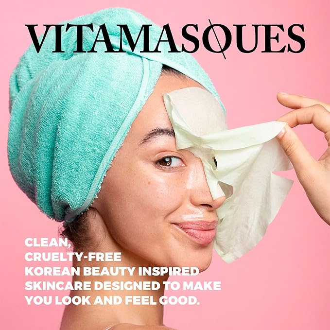 Vitamasques Korean Collagen Face Mask - Hydrating & Moisturizing Korean Sheet Mask with Lychee & Hyaluronic Acid - Vegan Facial Skincare for Firming, Plumping & Skin Care - 7 Pack