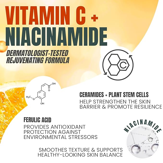 Alozera Vitamin C Facial Serum with Niacinamide & Ferulic Acid, Anti-Aging Serum for Visible Brightening, Glowing & Radiant Skin, Concentrated, Gentle & Effective, Day & Night