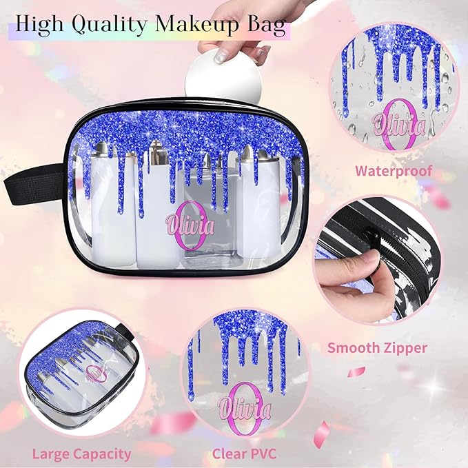 Personalized Clear Makeup Bag with Name, Best Friends Teen Women Mom Birthday Gift Transparent PVC Toiletry Travel Bag for Toiletries, Shiny Bling Royal Blue Fluid Shape Glittery