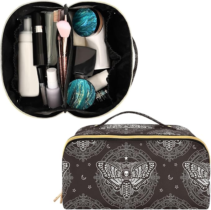 Makeup Organizer Bag, Skull Butterfly Black Travel Makeup Bags Makeup Vanity Case Large Capacity Rhombus Cosmetic Toiletry Bag for Girl Women Ladies