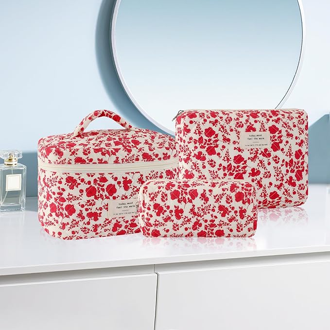 3Pcs Cotton Quilted Makeup Bag for Women Girls Large Small Travel Floral Cosmetic Bag Set Hot Pink Floral Print Zipper Make Up Pouch Aesthetic Cloth Flower Storage Toiletry Bags Organizer
