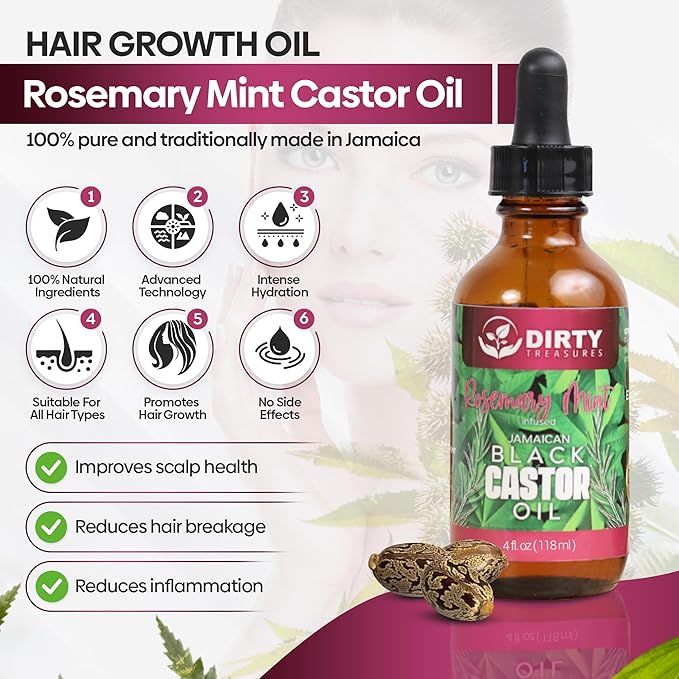Dirty Treasures Rosemary Mint Castor Oil for Hair Growth and Scalp Treatment | Jamaican Black Castor Oil Hair Growth Oil (4 Ounce)