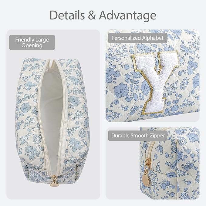 Gleyemor Personalized Initial Makeup Bag for Women, Cute Quilted Blue Floral Cotton Cosmetic Bag, Christmas Gifts for Her Mom Friend Sister Bridesmaid Teacher Women Y