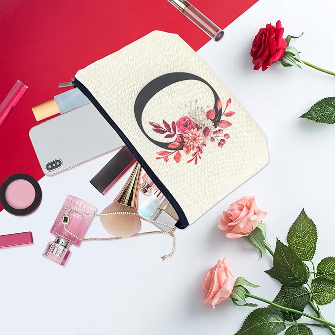 Initial A-Z Personalized Floral Makeup Bag, Monogrammed Birthday Gifts for Women Mom, Mothers Day Christmas Gift Ideas for Best Friend, Bride Bridesmaid, Her, Grandma, Small Travel Cosmetic Bag (O)