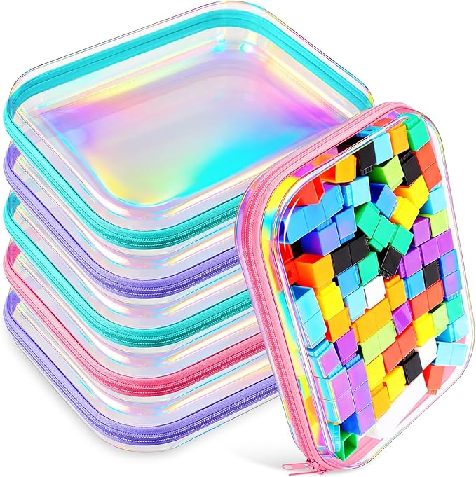 Sanwuta 6 Pcs Clear Hard Zipper Case Hard Plastic Zipper Pouches Makeup Bag Pencil Pouches Transparent Cases for Snacks Plastic Storage Organizer Box for Travel(Holographic,9.84 x 7.87 x 2 Inch)