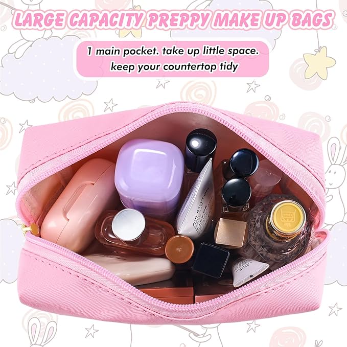 Initial Makeup Bag Personalized Preppy Travel Small Cosmetic Bag Cute PU Pink Chenille Letter Makeup Pouch for Purse Waterproof Zippered Toiletry Organizer for Women Girls Kids Friends (N)