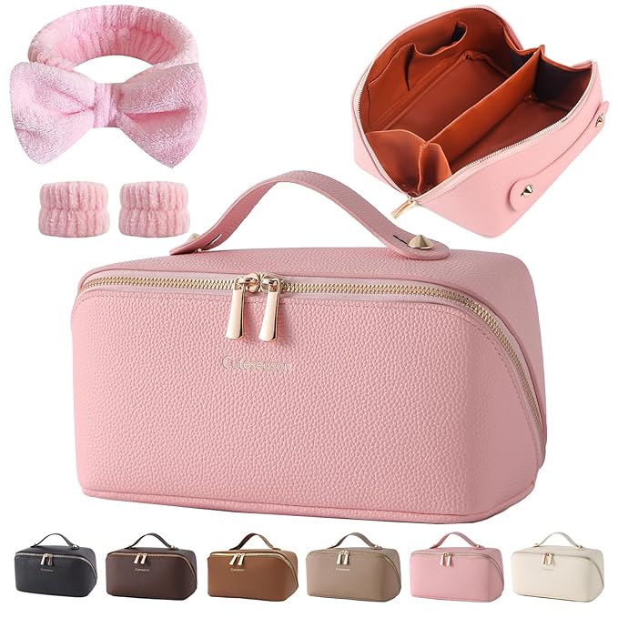 Makeup Bag, Travel Toiletry Bag for Women, Large Capacity Waterproof PU Leather Cosmetic Bags Make Up Organizer Bags with Headband and Wristband Set (Pink, Lychee Pattern)