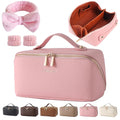 Makeup Bag, Travel Toiletry Bag for Women, Large Capacity Waterproof PU Leather Cosmetic Bags Make Up Organizer Bags with Headband and Wristband Set (Pink, Lychee Pattern)