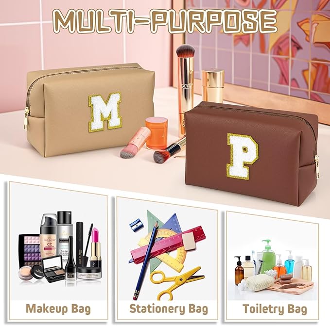 TOPEAST Birthday Gifts for Girls, Travel Makeup Bag Chenille Letter Pouch Cosmetic Bag, Makeup Travel Organizer, Monogrammed Bridesmaid Gifts for Women, Cute Stuff for Girls (Khaki J)