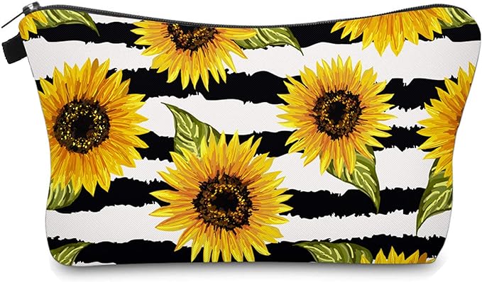 Cute Travel Makeup Bag Cosmetic Bag Small Pouch Gift for Women (Stripes Sunflowers)