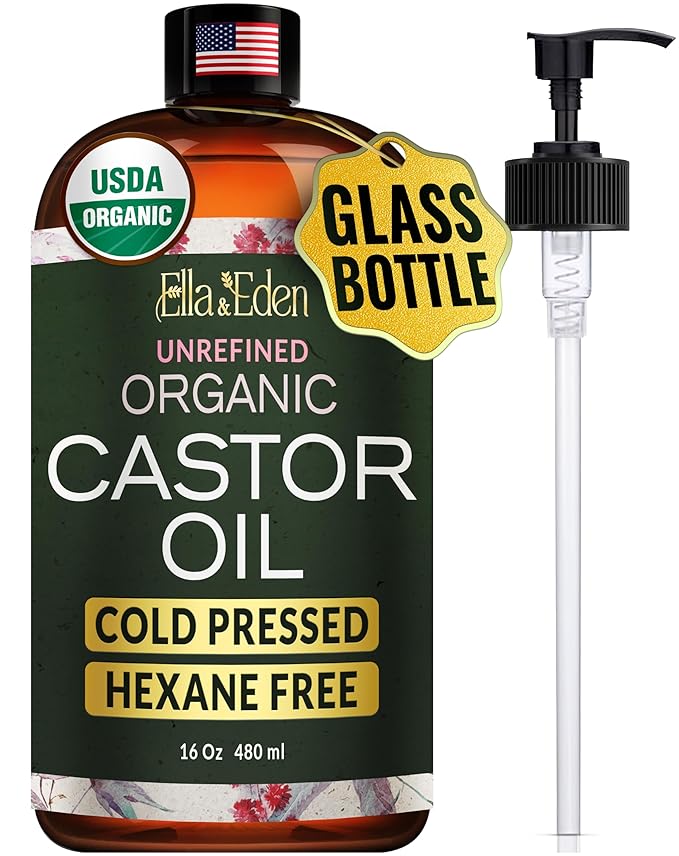Ella & Eden Castor Oil Organic – Cold Pressed Hexane-Free Unrefined Glass Bottle - For Hair Growth, Face, Skin - USDA Certified 100% Pure – 16 Oz
