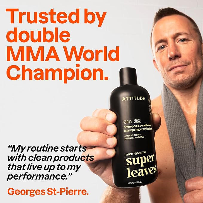 ATTITUDE Men's Shampoo and Conditioner 2-in-1, Volumizing for Thin Hair, With Rosemary and Rice Protein, 97% Natural Origin Ingredients, EWG Verified, Amber & Citrus, 14 Fl Oz