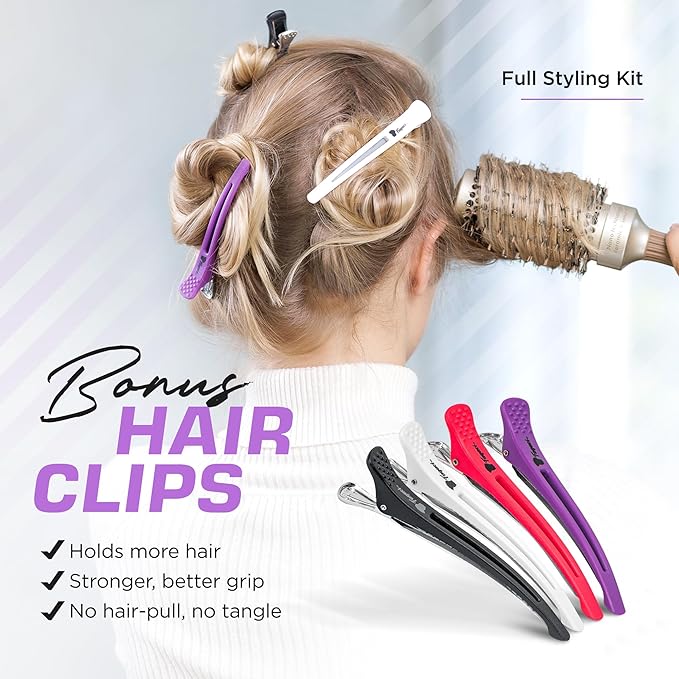 Fagaci Small Round Brush for Blow Drying with Natural Boar Bristle, Hair Styling, Drying, Healthy Hair and Add Volume, Ceramic Gold, Hair Brush + 4 Styling Clips