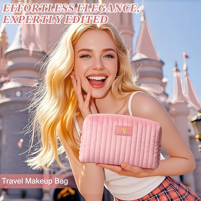 Monogrammed Make Up Bags for Women,Personalized Cosmetic Bags Women,Small Quilted Makeup Pouch,Cute Makeup Bag Travel,Birthday Gifts for Teen Girl (Pink A)