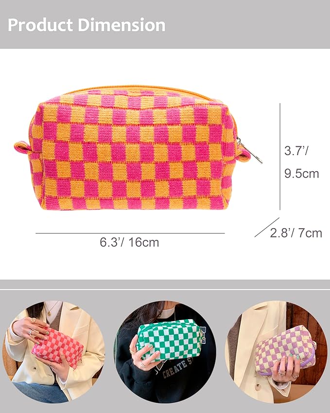 PAZIMIIK 6PCS Checkered Makeup Bag for Purse Portable Zipper Make Up Pouch Small Cosmetic Case for Travel Red Orange