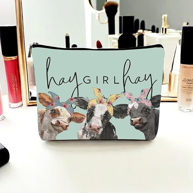 Cow Print Stuff,Cow Makeup Bag,Cow Gifts,Western Makeup Bag,Makeup Bags For Women,Cow Print(Green Pu Leather Cosmetic Bag)