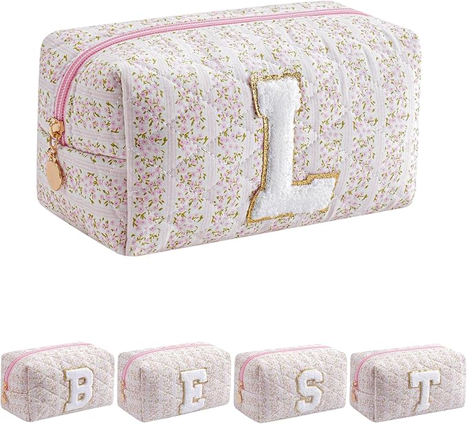 JOVAKIT Makeup Bag Cosmetic Bags for Women, Christmas Gifts for Girls Age 6-18, Alphabet Pink Floral Coquette Zipper Travel Makeup Pouch, Organizer Case Trendy Stuff (Pink Floral L)