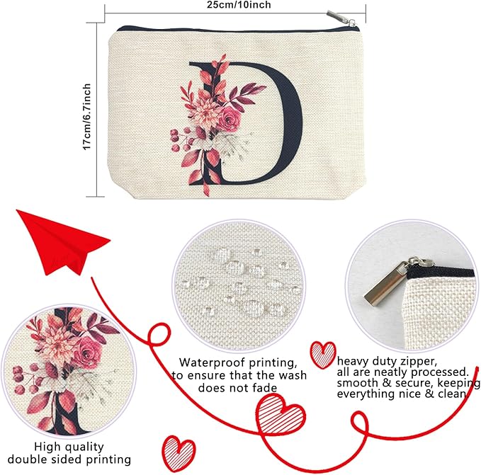 Initial A-Z Personalized Floral Makeup Bag, Monogrammed Birthday Gifts for Women Mom, Mothers Day Christmas Gift Ideas for Best Friend, Bride Bridesmaid, Her, Grandma, Small Travel Cosmetic Bag (D)