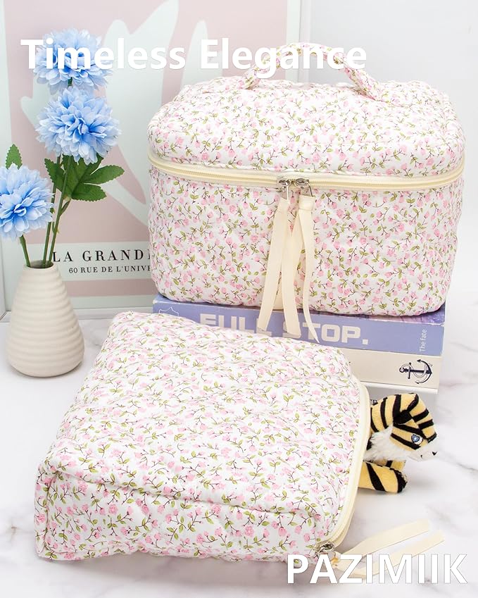 Quilted Makeup Bag Large Travel Zipper Soft Cosmetic Case for Women Girls Make Up,Floral Pink