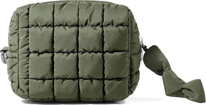 Yarnic Quilted Makeup Bag Cosmetic Bag, Travel Toiletry Bag for Women, Cute Makeup Bag Organizer Puffer Makeup Pouch (S, Olive Green)