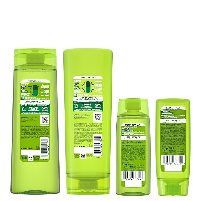 Garnier Fructis Sleek & Shine Full + Travel Size Shampoo (12.5 & 3 Fl Oz) + Conditioner (12 & 3 Fl Oz) Set for Frizzy, Dry Hair, Plant Keratin + Argan Oil (4 Items), 1 Kit (Packaging May Vary)