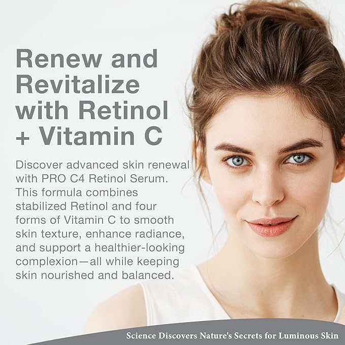 Lira Clinical PRO C4 Retinol Serum - Face Serum with Plant Stem Cells - Vitamin C Brightening Serum with Licorice and Olive Extract - 1.69 Ounce