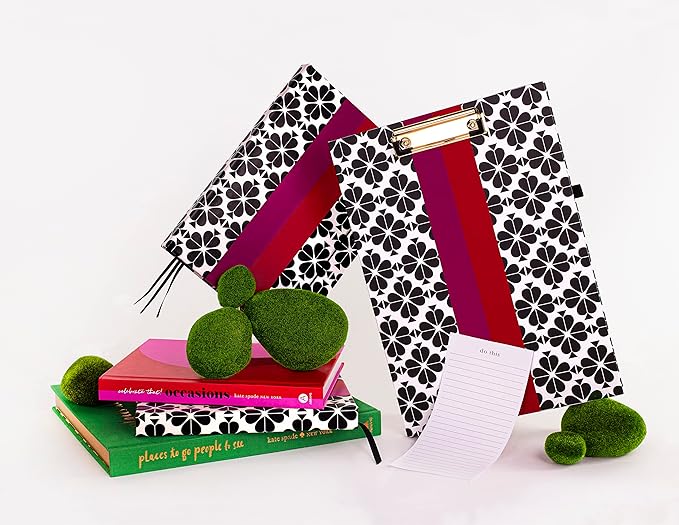 Kate Spade New York A4 Clipboard Folio with Low Profile Clip, Professional Padfolio Includes Lined Notepad, Pen Loop, and Pocket, Black Spade Flower