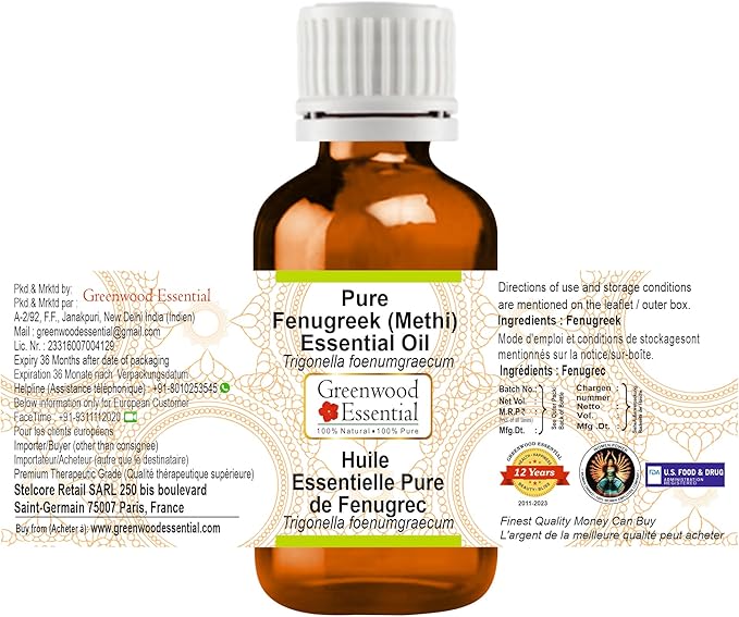 Greenwood Essential Pure Fenugreek(Methi) Essential Oil (Trigonella foenumgraecum) Steam Distilled 30ml (1.01 oz)