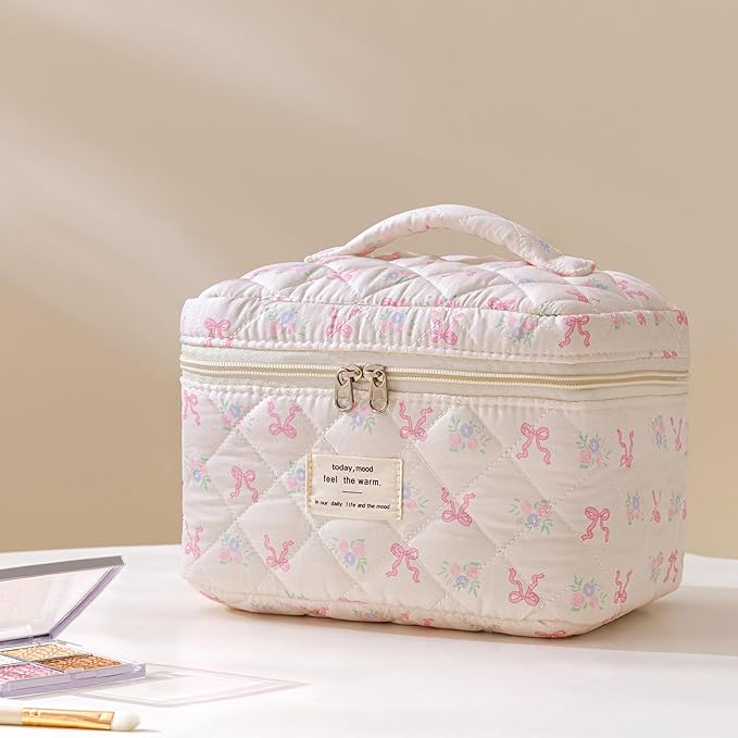 HBselect Quilted Makeup Bag, 3PCS Cotton Large Travel Makeup Bag, Cute Floral Coquette Make up Bag Cosmetic Bag Toiletry Bag for Women Girls