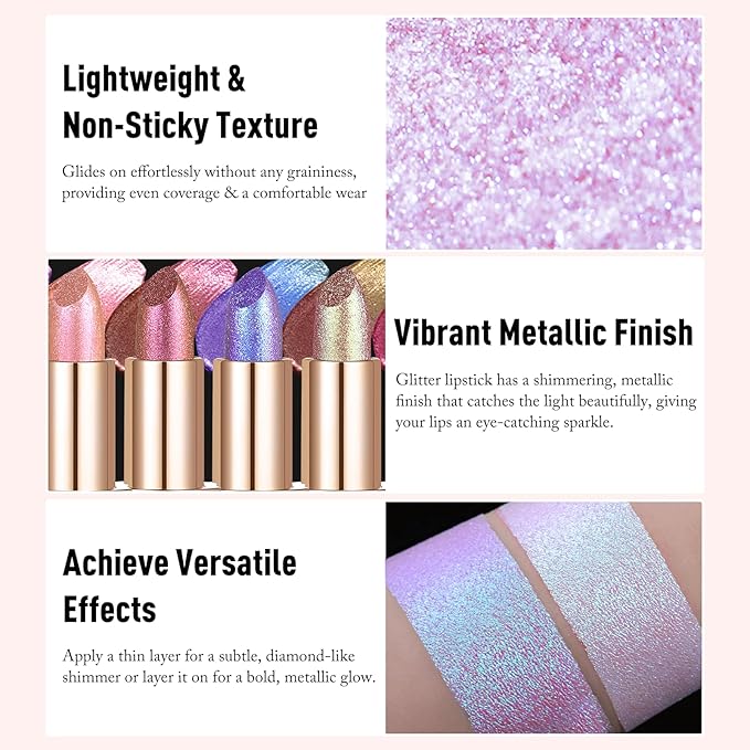 Glitter Lipstick Makeup, Holographic Metallic Pink Lip Stick Long Lasting Lightweight Non-Sticky Hydrating Lip Tinted Full Coverage Sparkling Shimmer Lipstick for Women