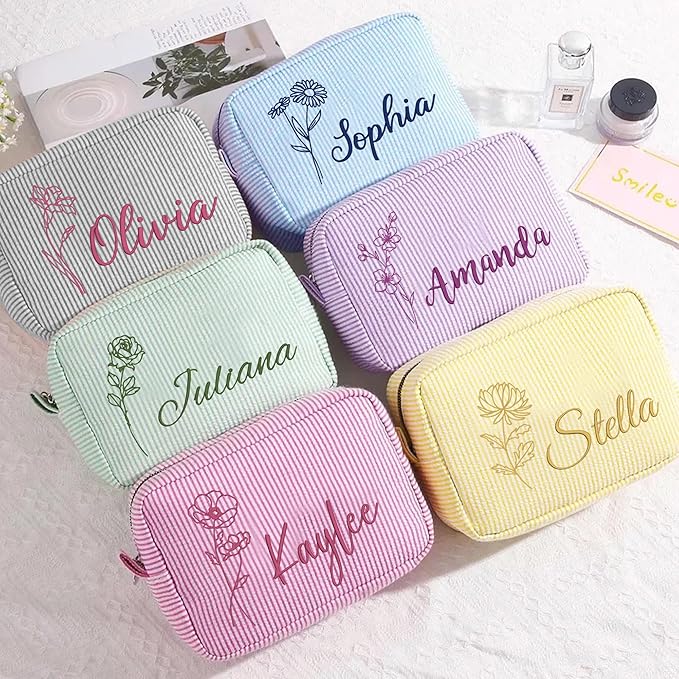 Yofair Personalized Makeup Bag with Bith Flower, Large Capacity Travel Toiletry Case Teen Girl Gift Trendy Stufff Custom Seersucker Cosmetic Bags Birthday Gifts for Girls