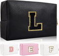 Personalized Initial Letter Patch Makeup Bag, Preppy Portable Chenille Letter Cosmetic Bag with Zipper, PU Leather Waterproof Travel Toiletry Bag Monogram Make Up Pouch for Women Girls(Letter L)