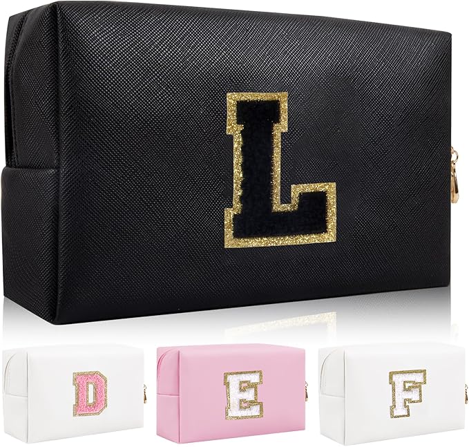 Personalized Initial Letter Patch Makeup Bag, Preppy Portable Chenille Letter Cosmetic Bag with Zipper, PU Leather Waterproof Travel Toiletry Bag Monogram Make Up Pouch for Women Girls(Letter L)