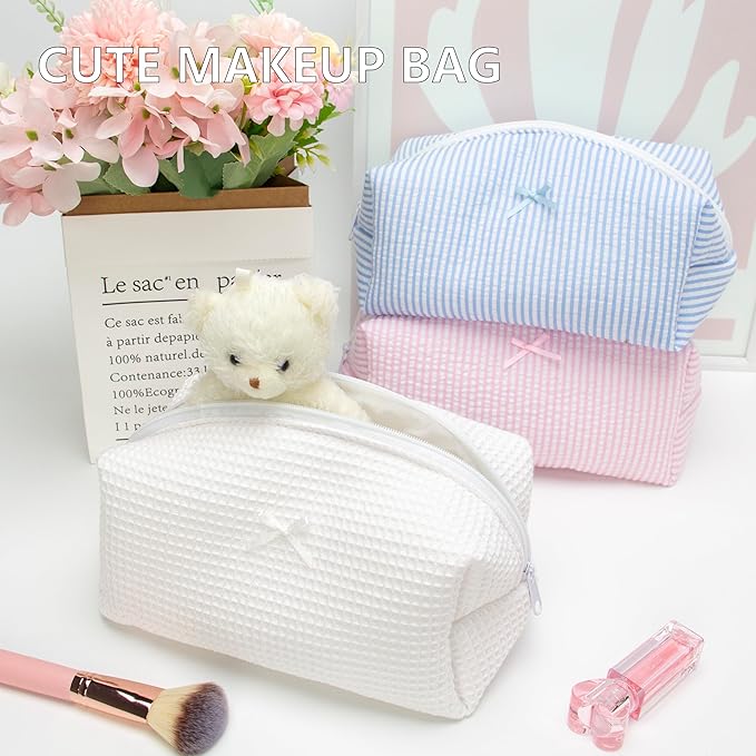 PAZIMIIK 2PCS Cozy Makeup Bag Travel Cosmetic Bag for Women Soft Toiletry Bag Aesthetic Makeup Organizer Portable Large Zipper Pouch for Skincare Beauty Accessories Brushes Waffle Check White